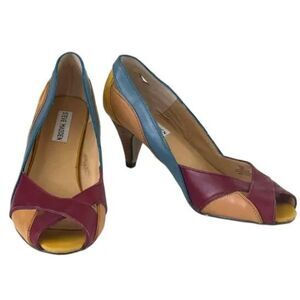Steve Madden Sallsa Multicolor Leather Pumps Peep Toe Red Yellow Blue Size 6.5